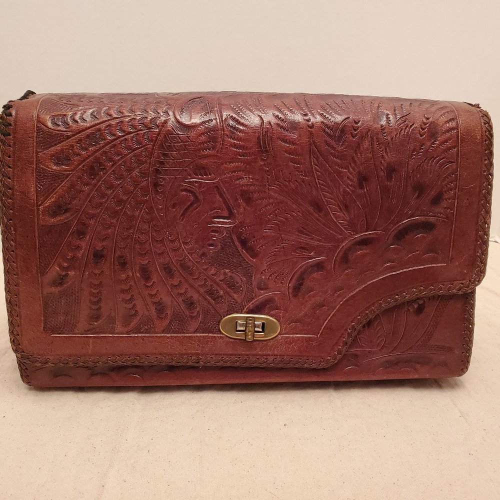 VINTAGE TOOLED REVERSIBLE LEATHER HANDBAG OXBLOOD
